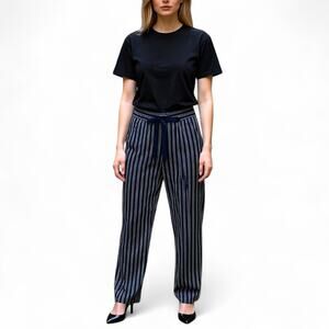 Zara Women's Striped Drawstring Pants Size S Navy White Elastic Waist Trouser